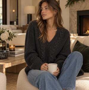 NAADAM Split Neck Cable Knit Chunky Sweater Wool Cashmere Sz S $198 {OO7}
